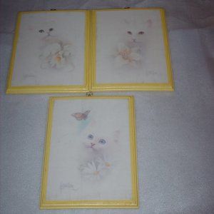 Set of 3 vintage wooden cat plaques signed Harrison